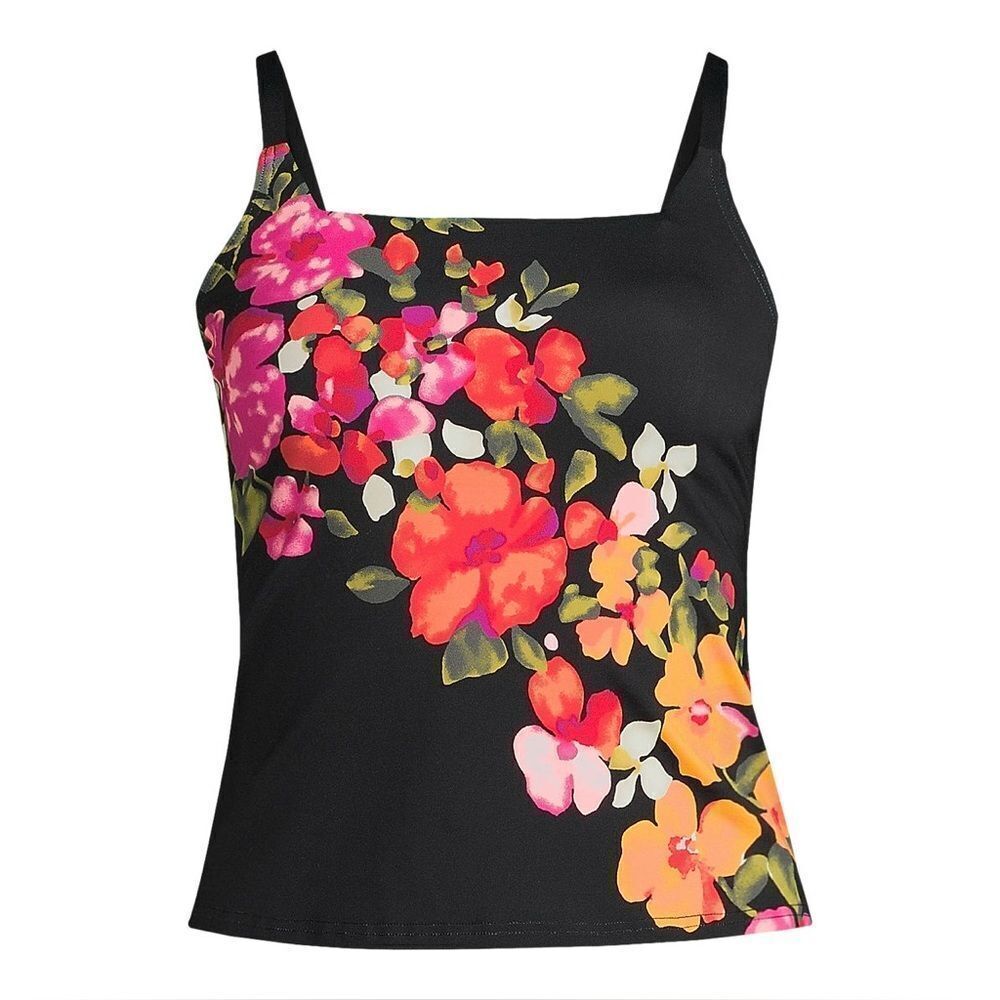 Land's End square neck tankini top adjustable black meadow floral cascade Var